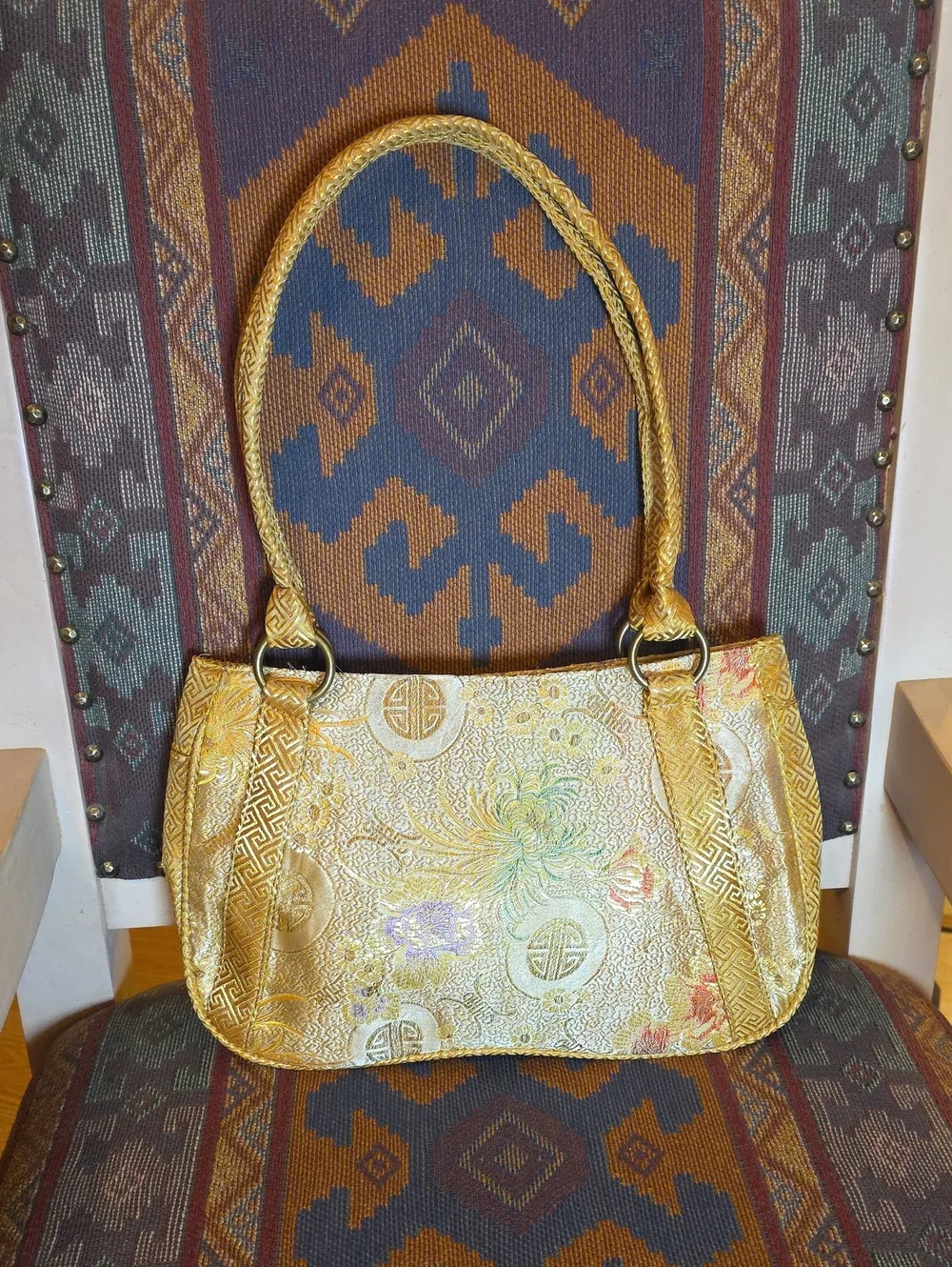 Vintage Yazinu Floral Metallic Brocade Silk Obi Style Asian Motif Shoulder Bag